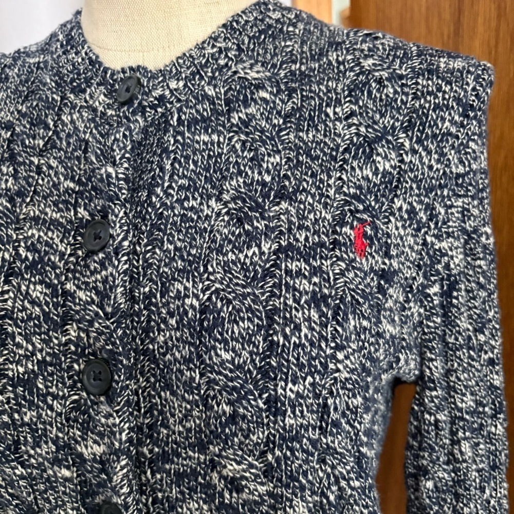 POLO RALPH LAUREN sz L Ragg Cable Knit Long Sleeve Cardigan Sweater Blue White - Picture 2 of 8